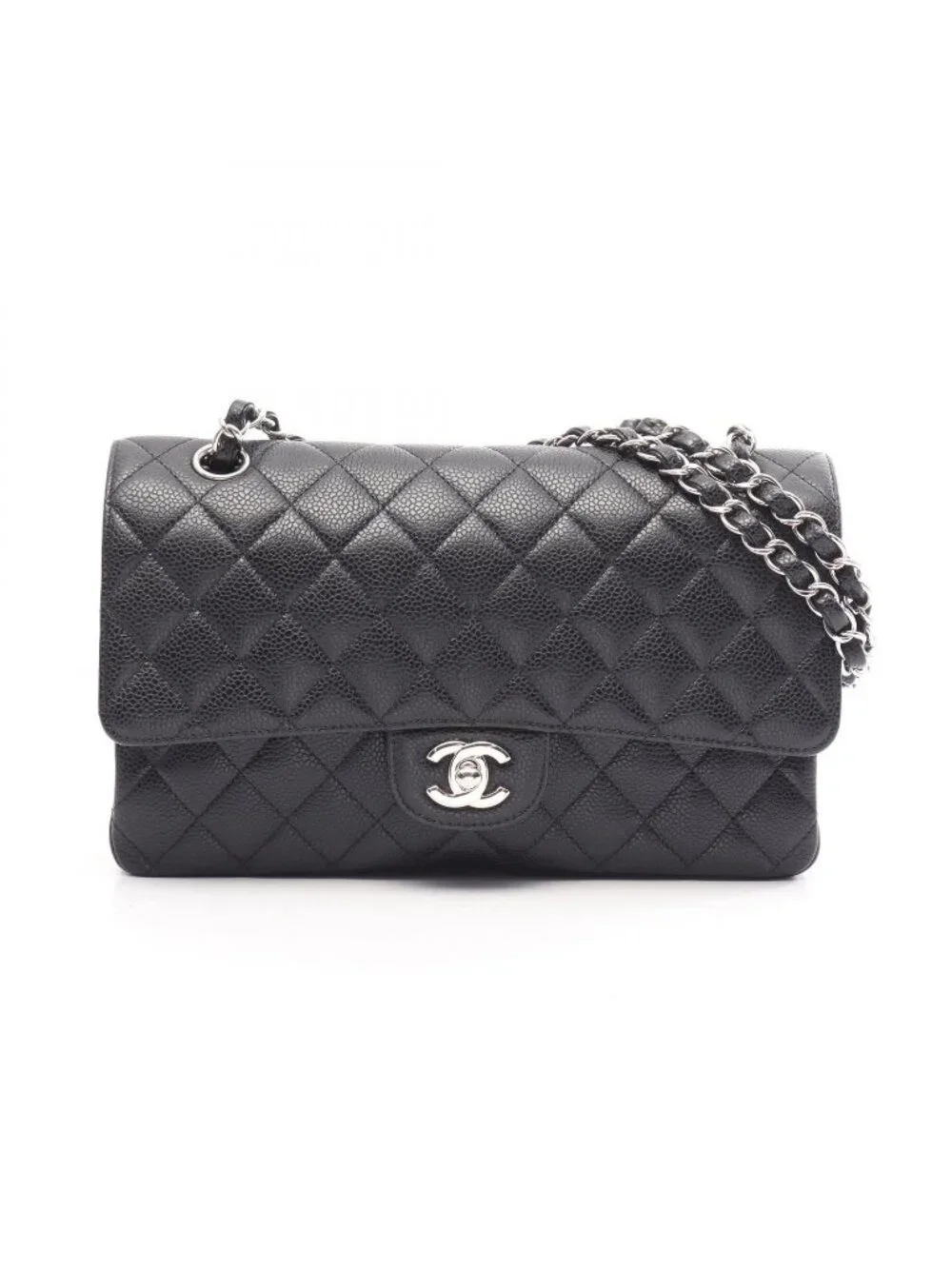 Chanel Shoulder Bag Quilted Double Flap Black Caviar Leather Chain